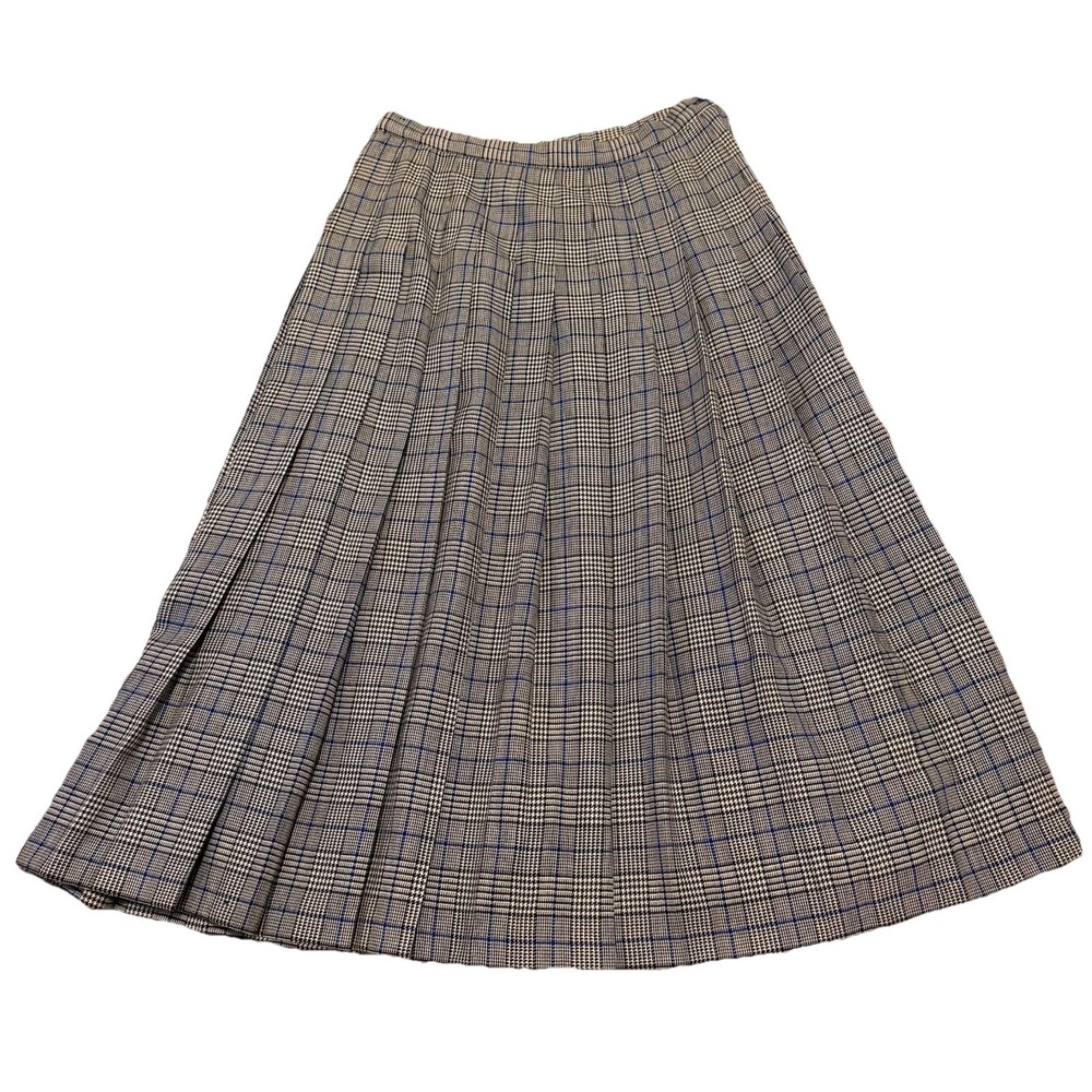 VTG Pendleton Sz 10 100% Virgin Wool Pleated Skirt White Black Blue Houndstooth